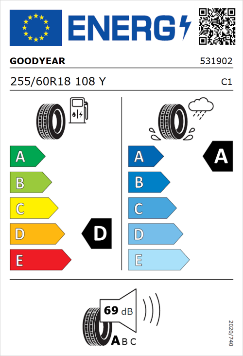 Tyre Label for Goodyear Eagle F1 Asymmetric 3 SUV 255/60R18 108Y